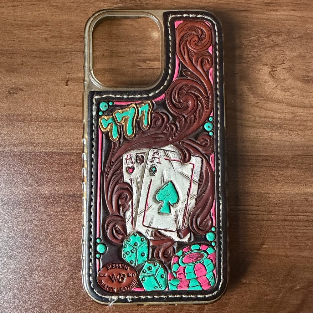 Blessing Custom Leather Phone Case with Poker Design - Brown and Green